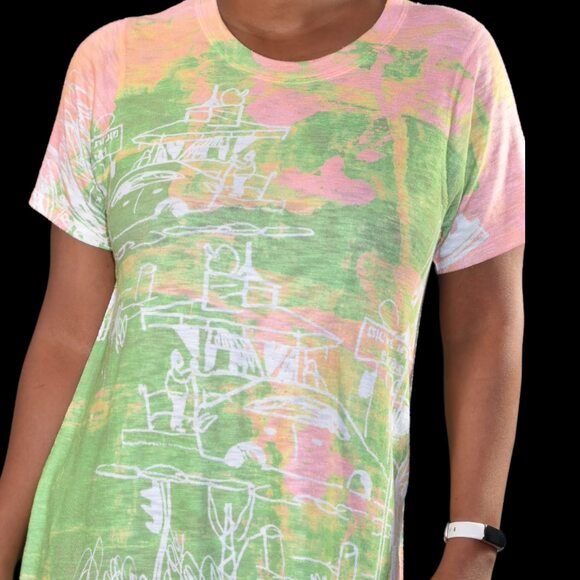 Inoah Dress Green Jersey T Shirt Lagenlook Doodle Print Artsy Pastel Size Small - Picture 4 of 13